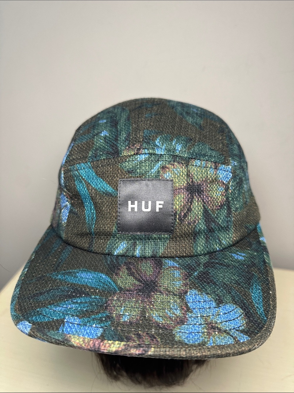 HUF Floral 5-Panel Cap in Olive Green with Teal and Blue Accents cotton/linen